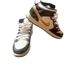 Used Kids Air Jordan Black White and Gold Sneakers